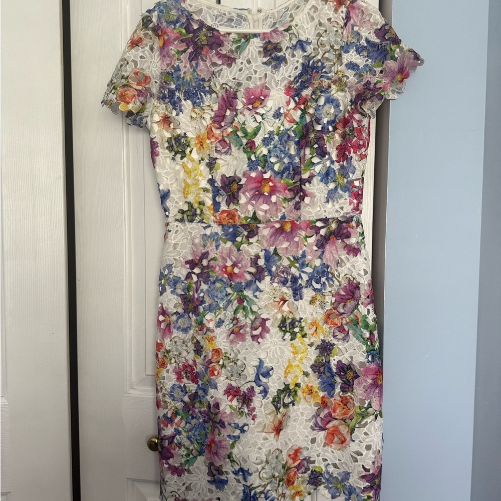 Pink Floral Mini Sheath Dress Short Sleeve Crew Neck